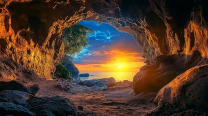 Breathtaking Cave View Overlooking the Serene Ocean and Stunning Island Formations