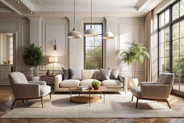 Fototapeta premium Boucle lounge chairs and sofa in classic room. Minimalist interior design of modern living room