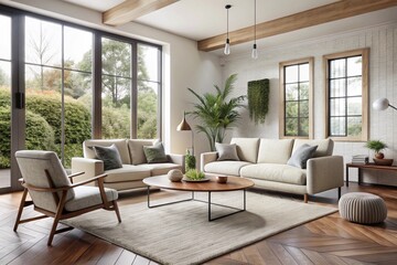 Fototapeta premium Boucle lounge chairs and sofa in classic room. Minimalist interior design of modern living room