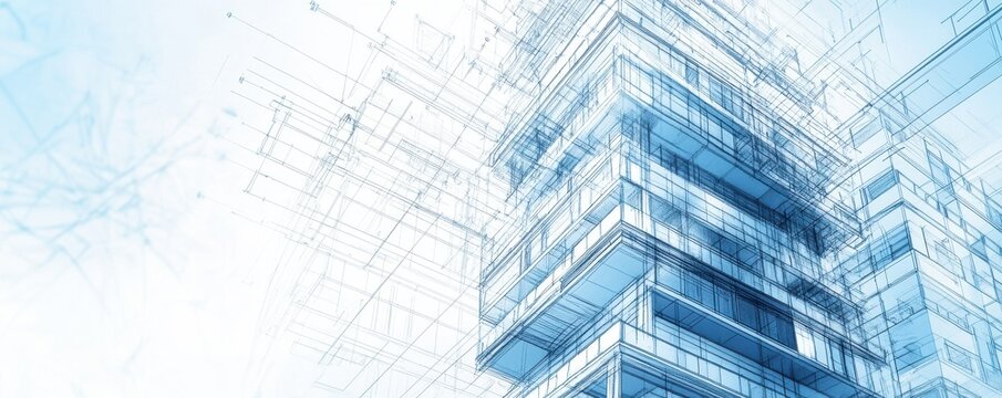 Modern architectural blueprint showcasing the detailed design and structure of a contemporary building in a blue color scheme