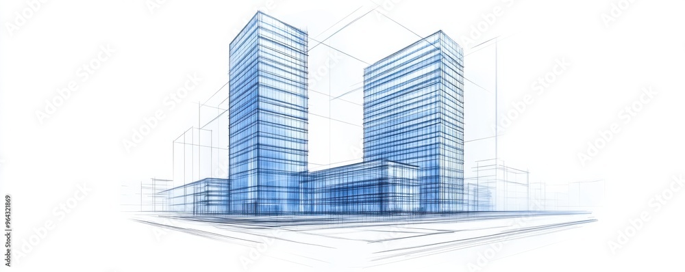 Poster blueprint drawing of modern skyscraper architecture showcasing urban building design and structural 