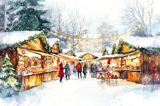 Watercolor painting of a snowy Christmas market with festive decorations and people shopping.