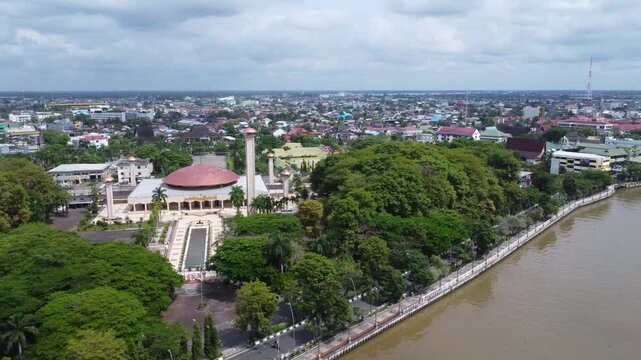 Aerial view of the largest mosque in Banjarmasin, South Kalimantan, Sabilal Muhtadin Mosque
