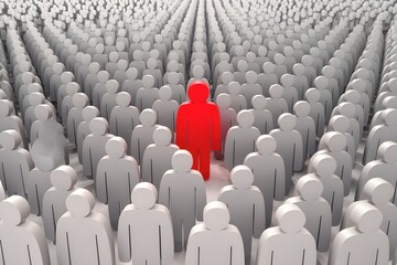 Fototapeta premium Crowd of gray figures with a vibrant red figure in the center