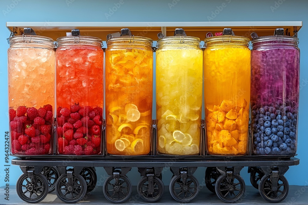 Poster a row of large containers with different colored drinks.