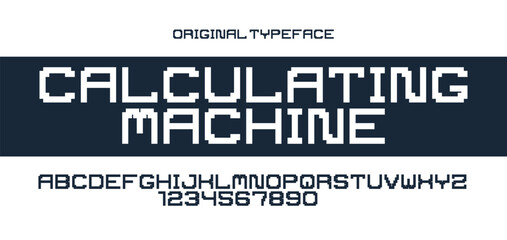 Minimal geometric cyberpunk font, vector typeface in geometry minimalist square style, future technology simple urban Neonoire typography, alphabet letters and numbers pixel style.