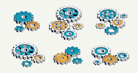 Industry and manufacturing concept set, gears and cogs composition isometric 3D vector illustration, cogwheels system technology and technics machinery engine.