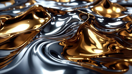 Close-up of the texture in wave form in shiny metal in gold and silver color with highlights and shimmer. Liquid metallic texture