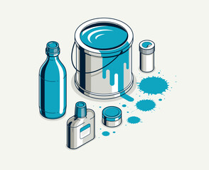 Paints inks and pigments vector 3D isometric illustration, wall paints for decoration and renovation, shades palette swatches different tints.