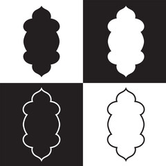 Shape islamic window set. Frames and arabian arch silhouette in oriental style. Muslim architecture design elements or moroccan arabic arches decor collection. isolated on black and white background