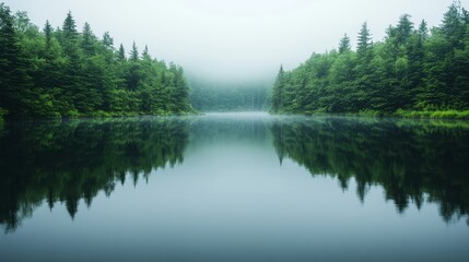 Obraz premium A still lake reflecting a dense green forest