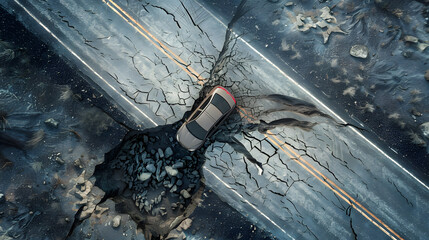 Obraz premium Automobile bouncing through a road crater 