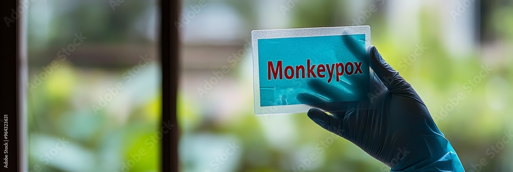 Poster close-up of a gloved hand holding a transparent sign with the word 'monkeypox'. visual concept for v
