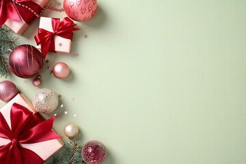 Christmas flat lay composition with pink gift boxes with red ribbon bows, pink balls, fir branches, decorations on pastel green background. Merry Xmas and Happy New Year banner design, greeting card