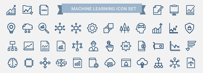 Machine learning icon set, symbols collection data analysis algorithms artificial intelligence
