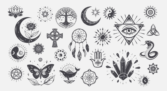 magic mysticism symbols collection, lotus flower crescent moon yin-yang symbol tree life