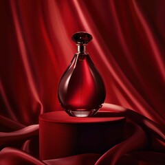 "Luxury red perfume on red velvet podium."