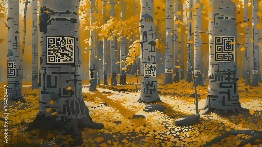 Poster autumnal forest where falling leaves become fluttering bits of data and tree bark textures morph int