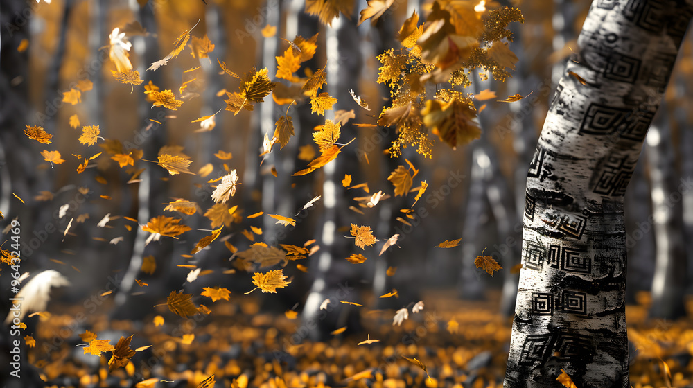 Poster autumnal forest where falling leaves become fluttering bits of data and tree bark textures morph int