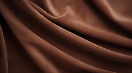 Fototapeta premium Smooth flowing brown fabric texture, abstract background with copy space