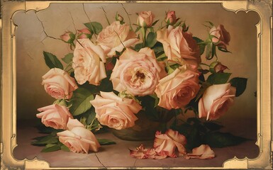 Antique Rose Bouquet Painting in Vintage Gold Frame with Warm Faded Tones