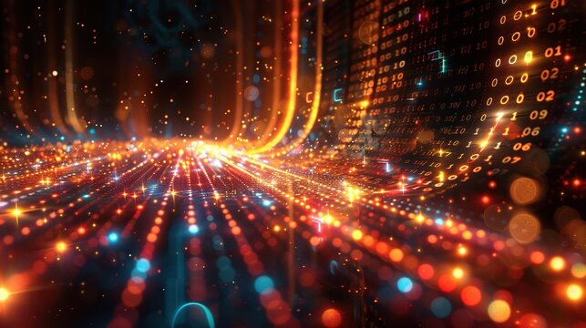 Abstract digital cityscape with glowing lights and binary code