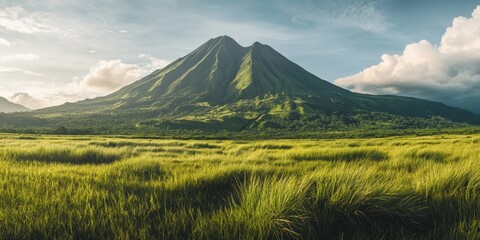 A stunning view of a majestic mountain surrounded by lush green grass under a clear sky, perfect for nature lovers and landscape photography.