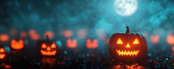 Spooky Halloween scene featuring glowing jack-o'-lanterns under a moonlit sky, perfect for festive decorations or themes.