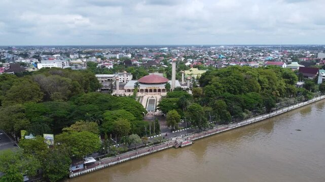 Aerial view of the largest mosque in Banjarmasin, South Kalimantan, Sabilal Muhtadin Mosque
