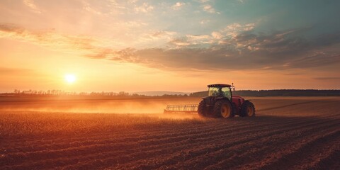 Fototapeta premium A tractor plows a field at sunset, creating a serene agricultural scene with vibrant colors and dust rising under golden light.