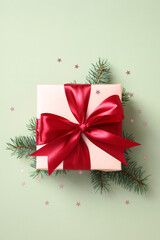 Christmas gift box with red ribbon bow and fire branches on pastel green background. Flat lay, top view.