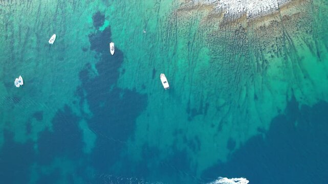 Croatia, Istria, Pula, aerial view to coastline with boats and seaground