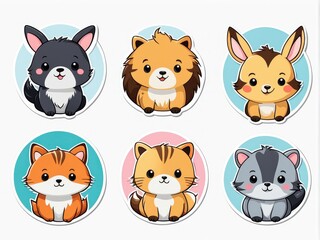 Fototapeta premium Cute cartoon animals in circular designs, ideal for stickers or children's art.