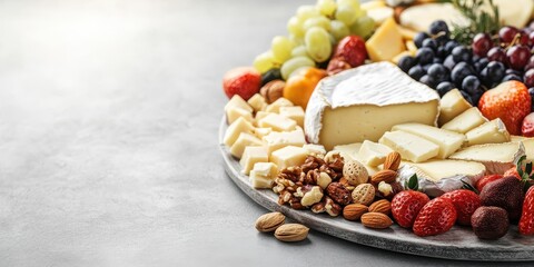 A vibrant cheese platter featuring various cheeses, nuts, fruits, and berries, perfect for gatherings and celebrations.