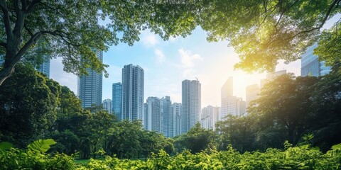 Obraz premium A vibrant city skyline surrounded by lush green trees, showcasing the harmony between nature and urban life at sunrise.