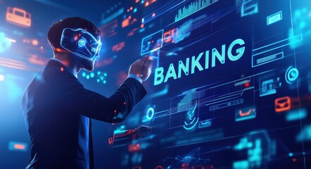 Businessman using virtual reality to interact with digital banking interface in a futuristic setting