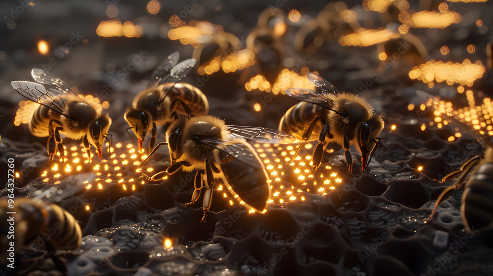 Aufkleber beehive colony with honeycombs structured as memory chips and bee swarms forming data visualization 