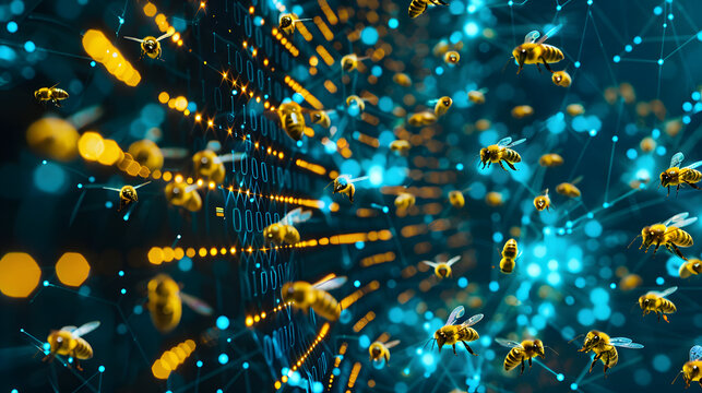 Beehive colony with honeycombs structured as memory chips and bee swarms forming data visualization patterns 