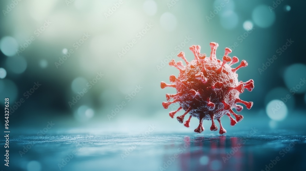Poster Red virus cell resting on a reflective surface under bright light. Sharp focus on the viral structure, representing viral infection and mutation.