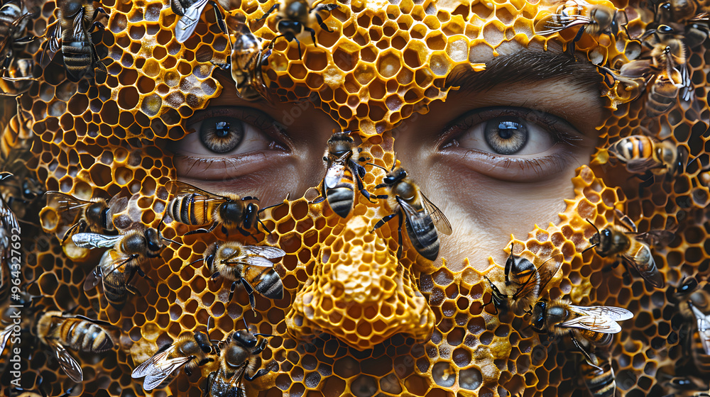 Poster beekeeper's face formed by honeycomb patterns and flourishing apiary setting