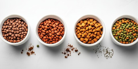 An array of colorful pet food in bowls, featuring varied textures and colors for appealing presentation. Ideal for pet-related content.