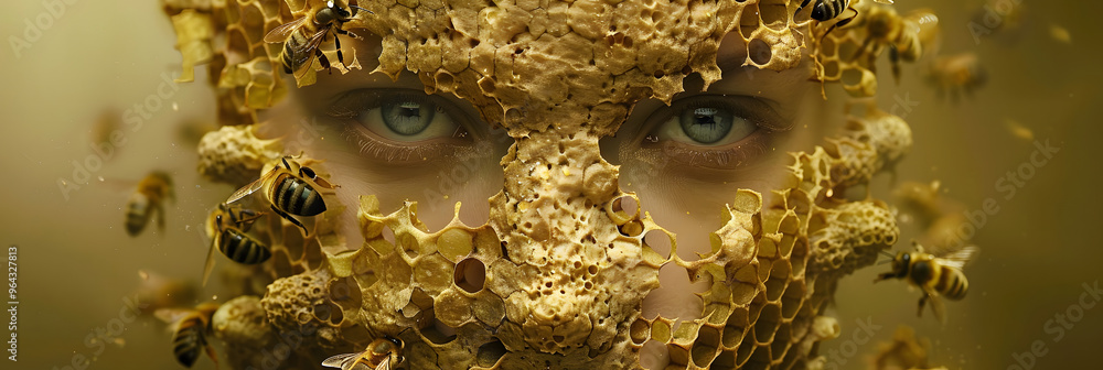Poster beekeeper's face formed by honeycomb patterns and flourishing apiary setting