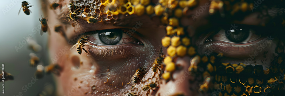 Poster beekeeper's face formed by honeycomb patterns and flourishing apiary setting