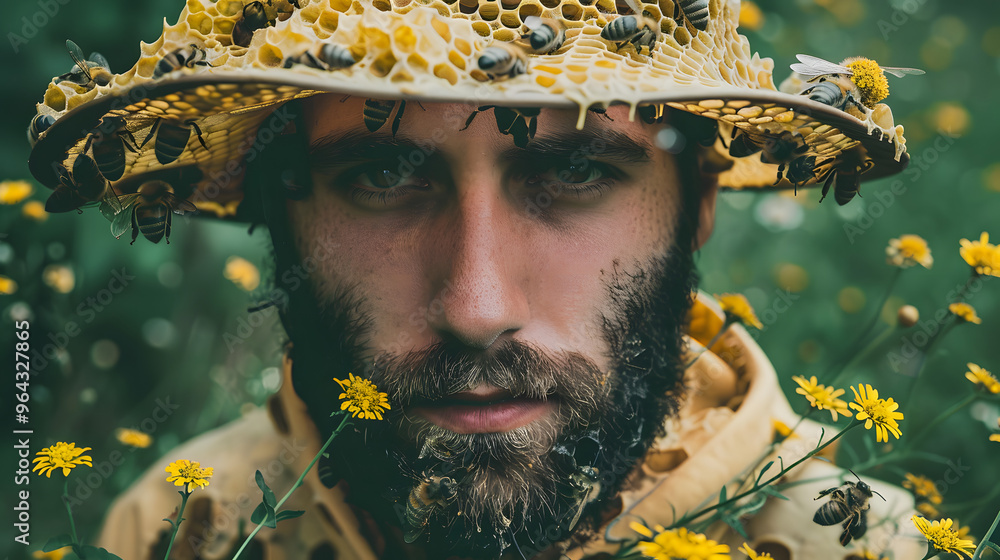 Poster beekeeper's face formed by honeycomb patterns and flourishing apiary setting