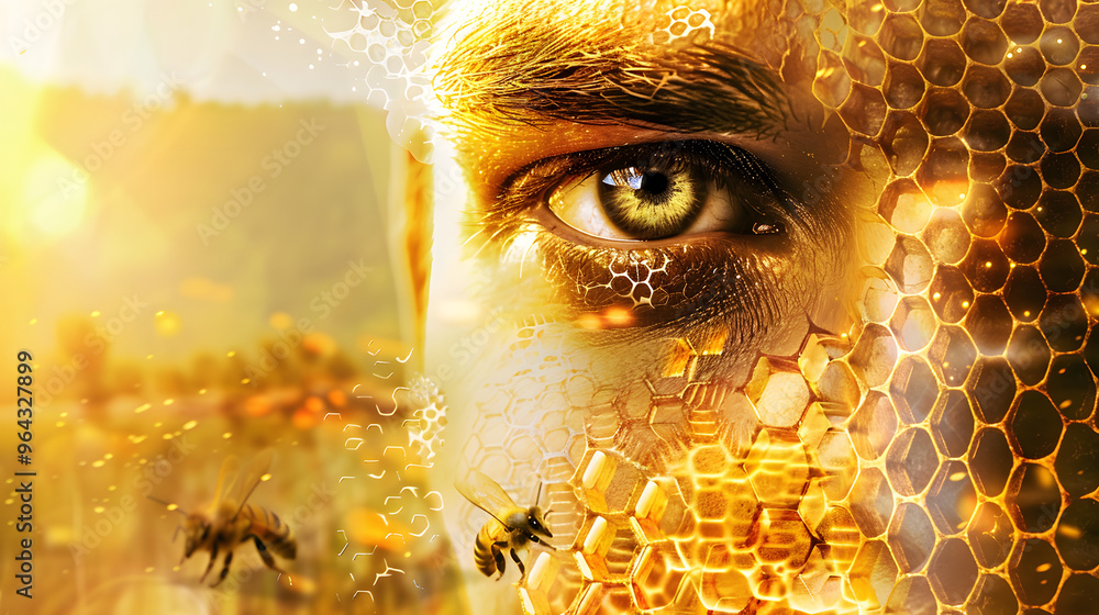 Poster beekeeper's face formed by honeycomb patterns and flourishing apiary setting