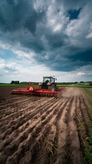 Fototapeta premium Red tractor in agricultural field with dark clouds, emphasizing field scale Vertical Mobile Wallpaper