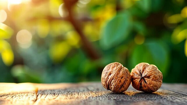 Two walnuts resting on a wooden surface under golden sunlight in a serene outdoor setting