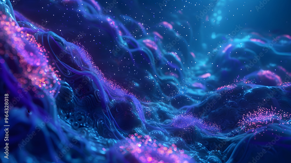Aufkleber bioluminescent deep sea trench with glowing creatures evolving into ai neural networks and ocean flo