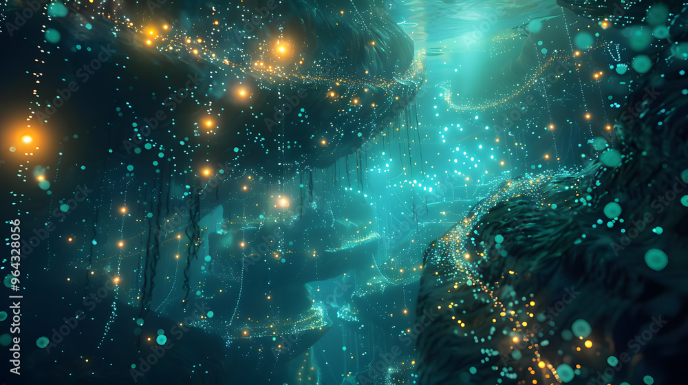 Aufkleber bioluminescent deep sea trench with glowing creatures evolving into ai neural networks and ocean flo