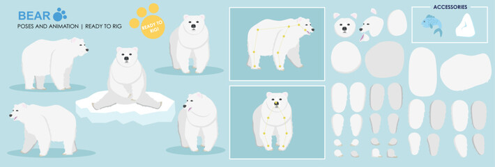 Cute polar bear ready for animation rigging , multiple poses, collection multiple angles including accessories, cartoon teddy bear character vector pack.